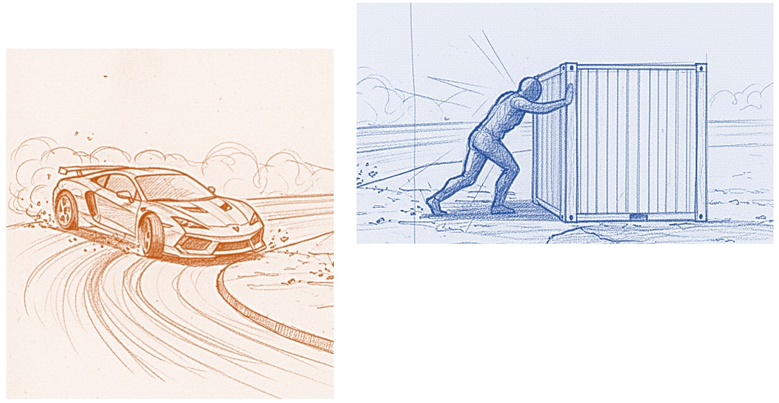 car drifting and man pushing big box